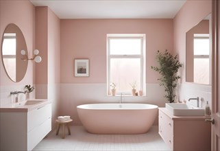 Modern bathroom with pink walls, a freestanding tub, and a soft, calming atmosphere, AI generated