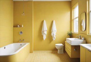 Modern bathroom with bright yellow walls, white fixtures, and minimalistic decor, AI generated