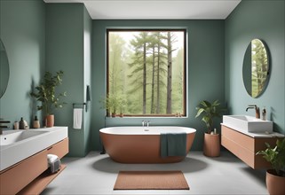 Contemporary bathroom with green walls, a freestanding tub, and a large scenic window, AI generated