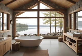 Modern bathroom with a freestanding tub, lake view, and natural materials, AI generated