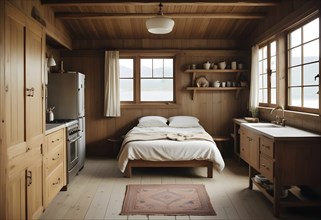 Cozy rustic bedroom with wooden furniture and a picturesque lake view, AI generated