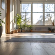 Empty bright and airy yoga studio with hardwood floors and minimalist decor, AI generated