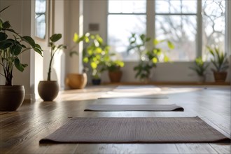 Empty bright and airy yoga studio with hardwood floors and minimalist decor, AI generated