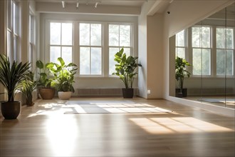 Empty bright and airy yoga studio with hardwood floors and minimalist decor, AI generated