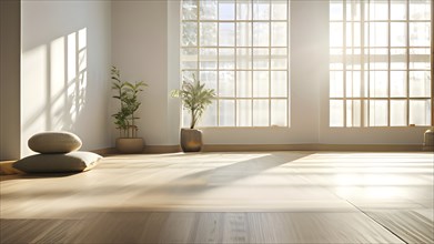 Empty bright and airy yoga studio with hardwood floors and minimalist decor, AI generated