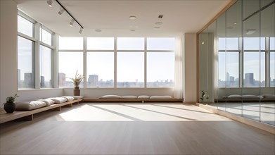 Empty bright and airy yoga studio with hardwood floors and minimalist decor, AI generated