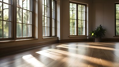 Empty bright and airy yoga studio with hardwood floors and minimalist decor, AI generated