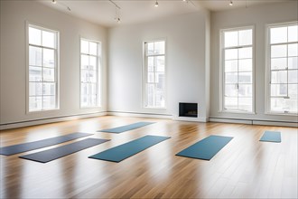 Empty bright and airy yoga studio with hardwood floors and minimalist decor, AI generated