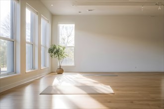 Empty bright and airy yoga studio with hardwood floors and minimalist decor, AI generated