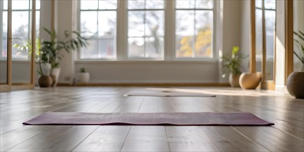 Empty bright and airy yoga studio with hardwood floors and minimalist decor, AI generated