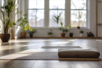 Empty bright and airy yoga studio with hardwood floors and minimalist decor, AI generated