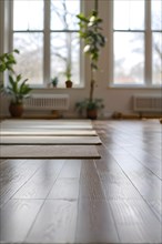 Empty bright and airy yoga studio with hardwood floors and minimalist decor, AI generated