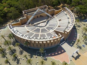 An auditorium surrounded by trees and palm trees, showing ancient Roman architecture with large