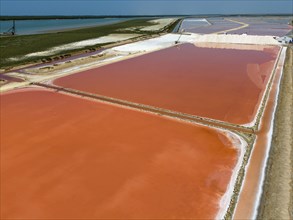 Aerial view of pink coloured salt pans next to a coastline under a clear sky, aerial view, Salinas