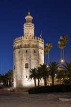 Torre del Oro at dusk, Seville, Andalusia, Spain, Europe