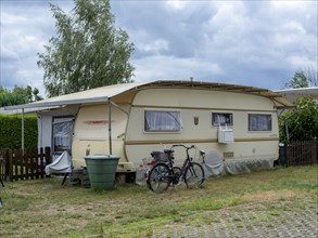 Caravan with air conditioning at a campsite on Lake Jersleben, Jersleben, Saxony-Anhalt, Germany,