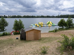 Floating water sports park on Lake Jersleben, Jersleben, Saxony-Anhalt, Germany, Europe