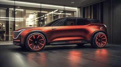 Sleek red futuristic SUV showcased in an illuminated showroom at night, AI generated