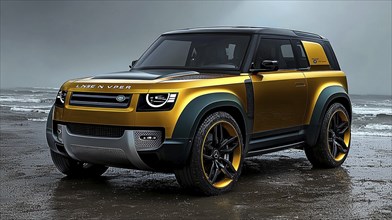 Yellow luxury SUV on a beach with an overcast sky in the background, AI generated