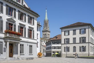 Old town ensemble, historic old town houses with the bell tower of the church of St. Laurenzen,