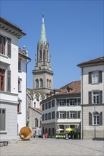 Old town ensemble, historic old town houses with the bell tower of the church of St. Laurenzen,