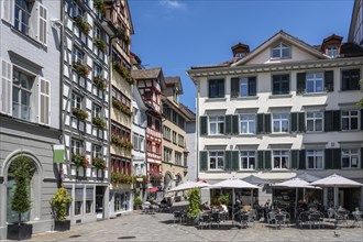 Schmiedgasse, Grüninger Platz, pedestrian zone, shopping alleyway with outdoor catering,