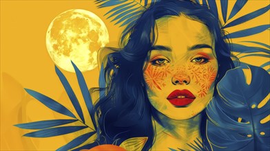 A blue-skinned woman with red lips surrounded by leaves and a full moon against a yellow