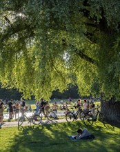 Large meadow at Schwabinger Bach, Many people on a summer day in the English Garden, Munich,