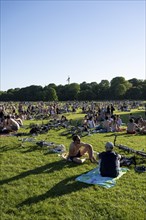 Many people sitting relaxed in the English Garden on a summer's day, English Garden, Munich,