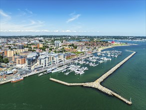 Harbour and Marina over Poole Quay from a drone, Poole, Dorset, England, United Kingdom, Europe