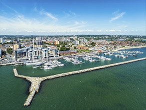 Harbour and Marina over Poole Quay from a drone, Poole, Dorset, England, United Kingdom, Europe