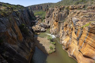 Canyon with steep orange-coloured cliffs with the Blyde River, Bourke's Luck Potholes, Panorama