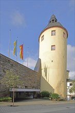 Thick tower with German and Ukrainian national flags, baroque, Lower Castle, Siegen, Siegerland,