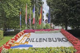 Colourful flower bed with flags, floral decoration and inscription, Dillenburg, Hesse, Germany,