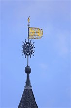 Golden weathervane with figures and date 1685, detail, wind rose, golden, Upper Castle, Siegen,