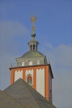 Tower with the landmark golden crown on the spire of the Nikolaikirche, golden, crown, Siegen,