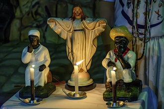 Religious altar with images representing the entities, deities and sicretism of Umbanda in Brazil,