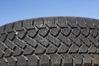 Close-up of threads on black rubber truck tire, Quebec, Canada, North America