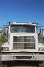 Front end of International truck cab with damaged windshield, Quebec, Canada, North America