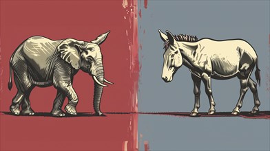 Illustration of a blue donkey and a red elephant representing democrat and republican us