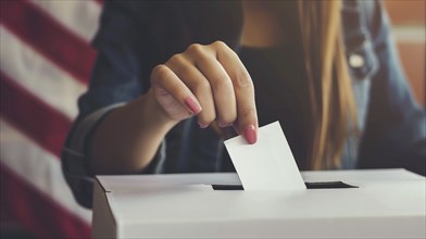 Female hand putting a voting card into a voting box over the United States flag, AI generated