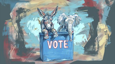 A donkey and an elephant coming out of a ballot box alluding to voting between Republicans and