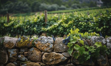 Vineyard with a stone wall and grapevines AI generated