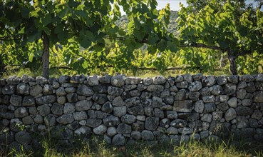 Vineyard with a stone wall and grapevines AI generated