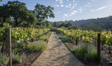 Vineyard with a gravel path leading through grapevines AI generated