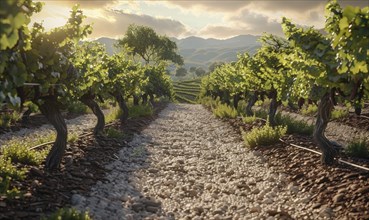 Vineyard with a gravel path leading through grapevines AI generated