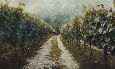 Vineyard with a gravel path leading through grapevines AI generated