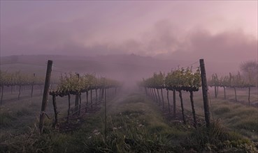 Vineyard in the early morning mist AI generated