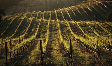 Vineyard in late afternoon light with long shadows AI generated