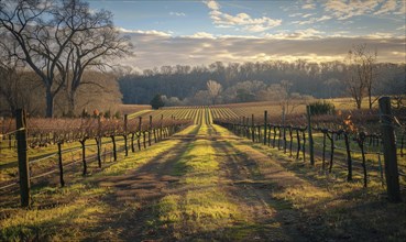 Vineyard in late afternoon light with long shadows AI generated